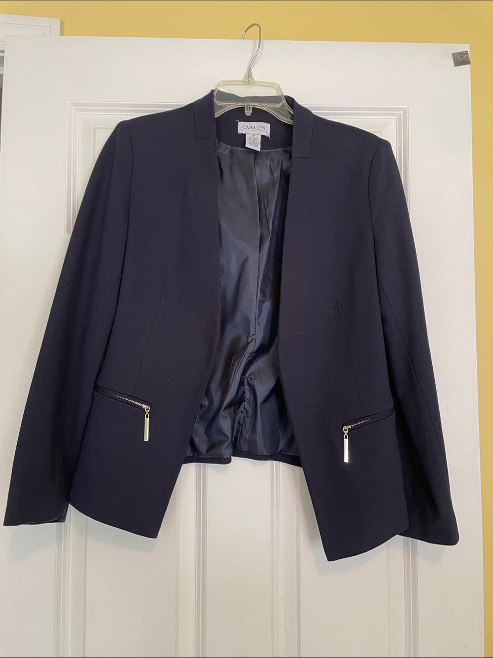 Carmen Marc Valvo Navy Open-Front Blazer with Gold Zip Accents